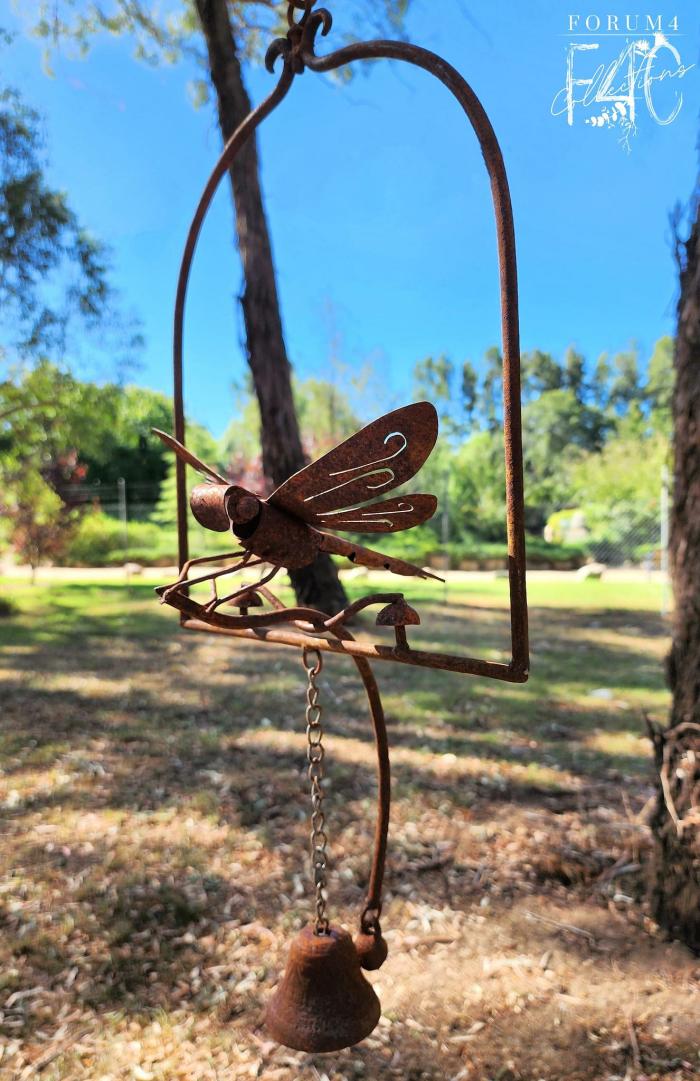 Framed Rusty Hanging Bell With Dragonfly  |  Metal Decor Garden Accessories Garden Accessories